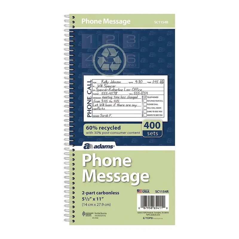 Adams Business Forms Wirebound Telephone Message Book, Two-Part Carbonless, 4.75 x 2.75, 4 Forms/Sheet, 400 Forms Total (ABFSC1154R) Each