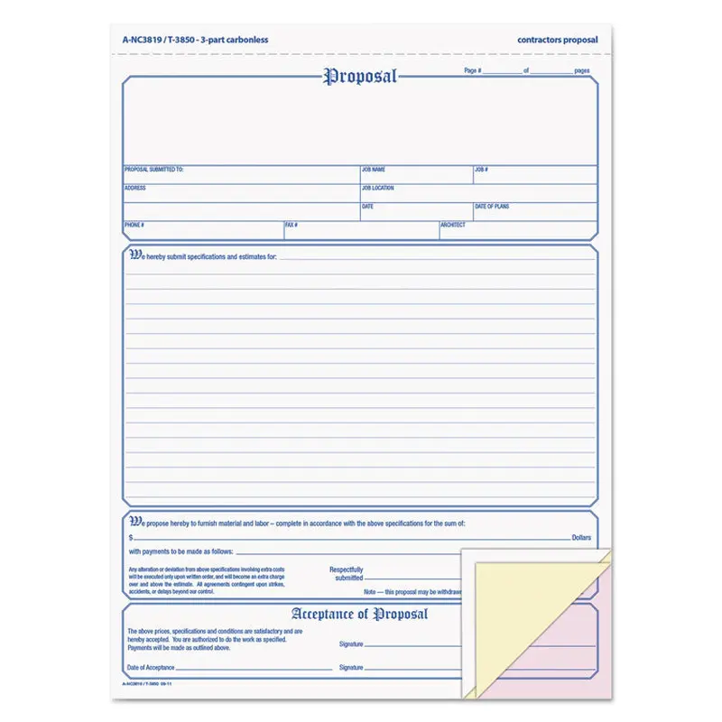 Adams Contractor Proposal Form, Three-Part Carbonless, 8.5 x 11.44, 50 Forms Total (ABFNC3819) Pack of 50