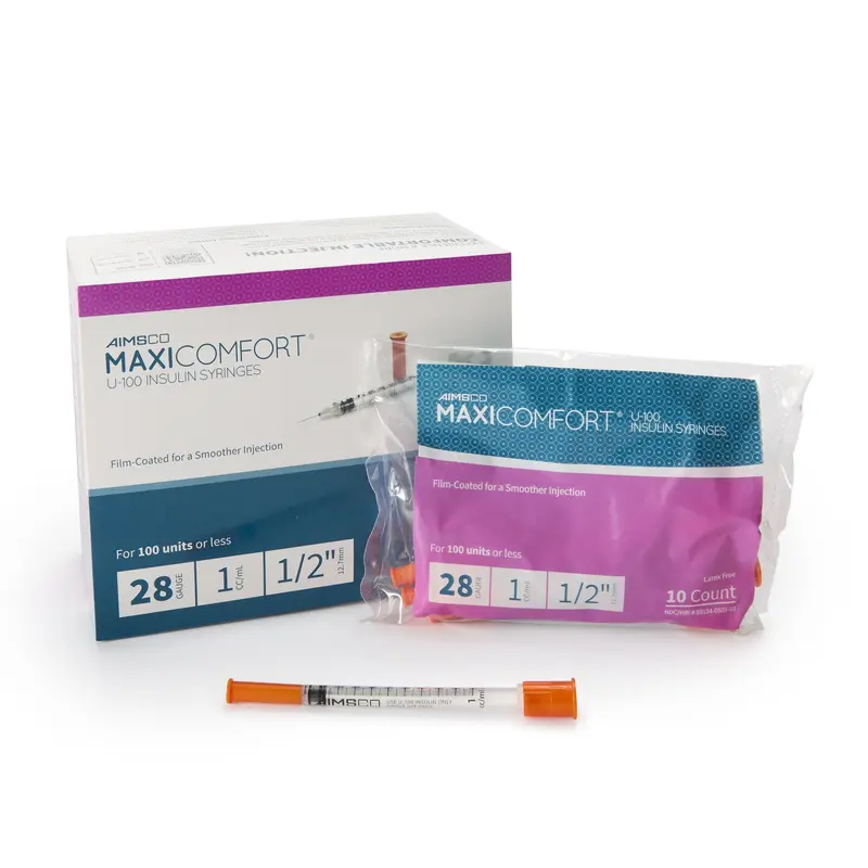 AIMSCO Standard Insulin Syringe with Needle 1 mL 1/2 Inch 28 Gauge NonSafety Ultra Thin Wall (1182679_BX) 100/BX