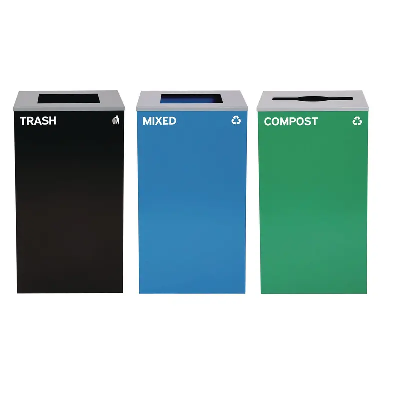 Alpine Industries 29 Gallon Trash/Recycling Cans, Steel, Blue Mixed Recycling and Black Trash Cans w/Square Lids, Green Compost Can w/Mixed Lid (ALH4450BLKKIT24) Each