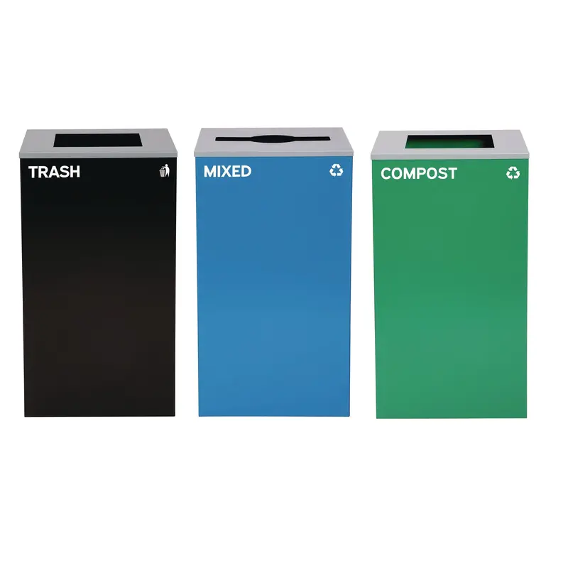 Alpine Industries 29 Gallon Trash/Recycling Cans, Steel, Blue Mixed Recycling Can w/Mixed Lid, Green Compost and Black Trash Cans w/Square Lids (ALH4450BLKKIT19) Each