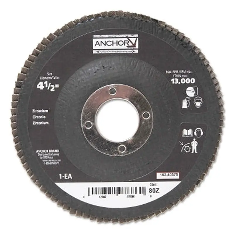 Anchor Brand Abrasive High Density Flap Discs, 4-1/2 in Dia, 80 Grit, 7/8 in Arbor, 12,000 rpm (102-40375) Each