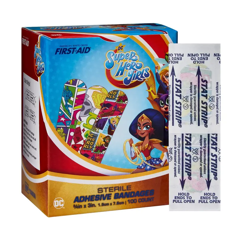 American White Cross Stat Strip Adhesive Strip 3/4 X 3 Inch Plastic Rectangle Kid Design (DC Super Hero Girls) Sterile (1018040_CS) 1200/CS