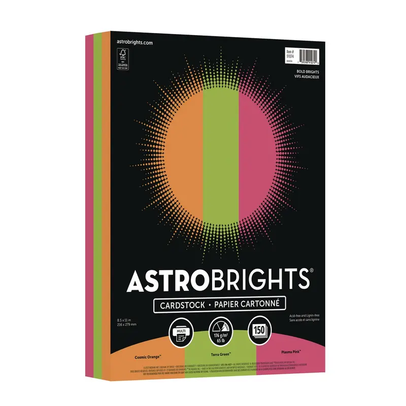Astrobrights Color Cardstock -"Bright" Assortment, 65 lb Cover Weight, 8.5 x 11, Assorted, 150/Pack (WAU91074) Pack of 150