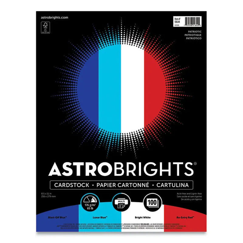Astrobrights Color Cardstock - "Patriotic" Assortment, 65 lb Cover Weight, 8.5 x 11, Assorted Patriotic Colors, 100/Pack (WAU91644) Pack of 100
