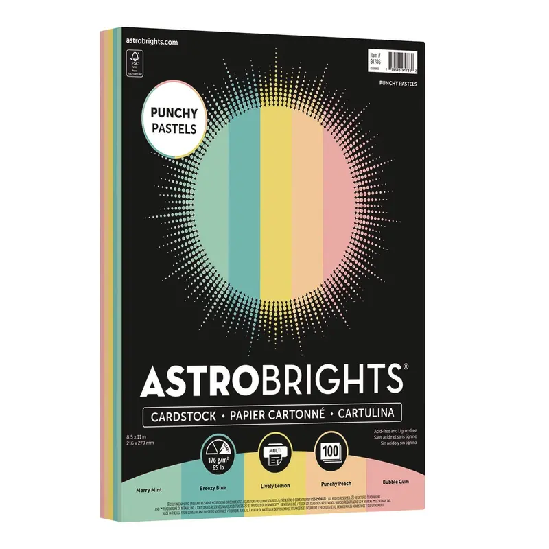 Astrobrights Color Cardstock -"Punchy Pastels" Assortment, 65 lb Cover Weight, 8.5 x 11, Assorted, 100/Pack (WAU91786) Pack of 100
