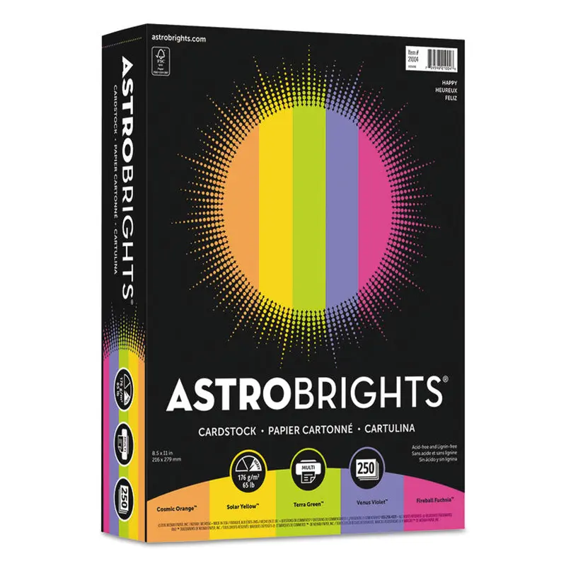 Astrobrights Color Cardstock -"Happy" Assortment, 65 lb Cover Weight, 8.5 x 11, Assorted, 250/Pack (WAU21004) Pack of 250