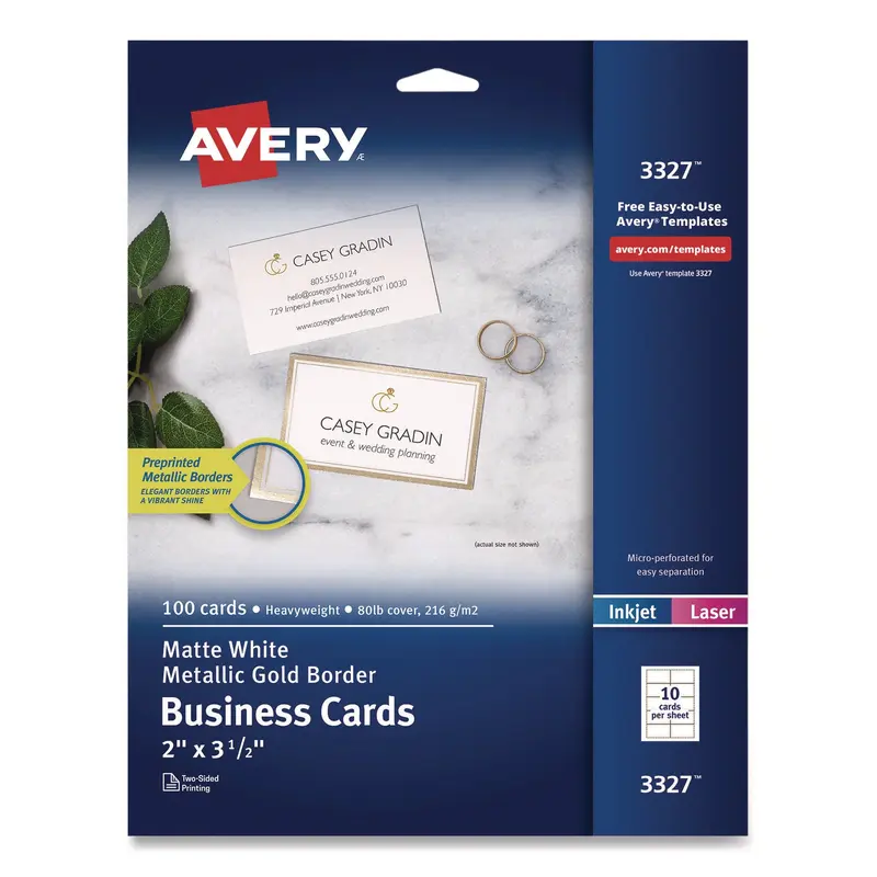 Avery Business Cards with Metallic Gold Borders, Inkjet/Laser, 2 x 3.5, White, 100 Cards, 10 Cards/Sheet, 10 Sheets/Pack (AVE3327) Pack of 100