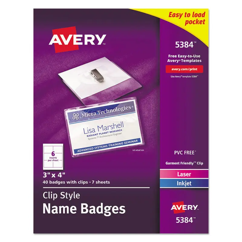 Avery Clip-Style Name Badge Holder with Laser/Inkjet Insert, Top Load, 4 x 3, White, 40/Box (AVE5384) Pack of 88