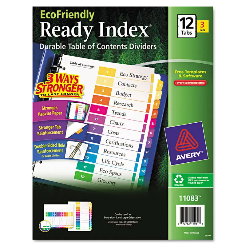 Avery Customizable Table of Contents Ready Index Dividers with Multicolor Tabs, 12-Tab, 1 to 12, 11 x 8.5, White, 3 Sets (AVE11083) Pack of 3