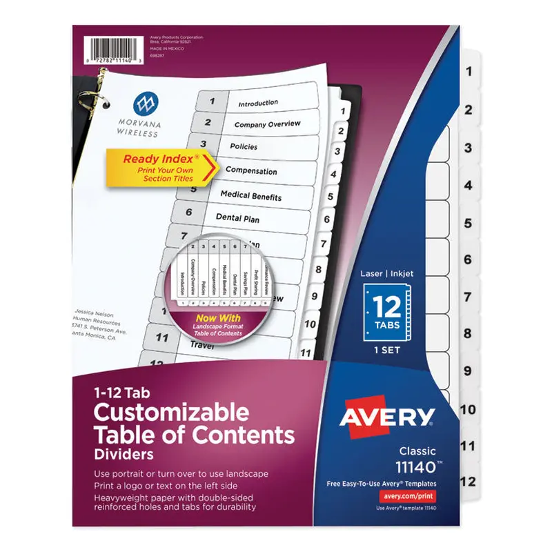 Avery Customizable TOC Ready Index Black and White Dividers, 12-Tab, 1 to 12, 11 x 8.5, 1 Set (AVE11140) Set of 12