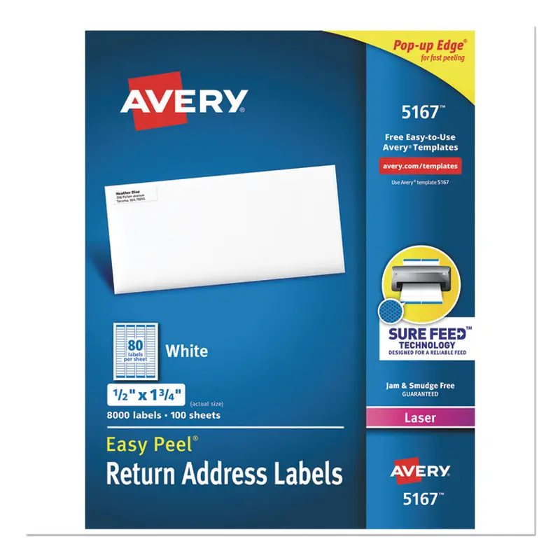 Avery Easy Peel White Address Labels w/ Sure Feed Technology, Laser Printers, 0.5 x 1.75, White, 80/Sheet, 100 Sheets/Box (AVE5167) Box of 8000