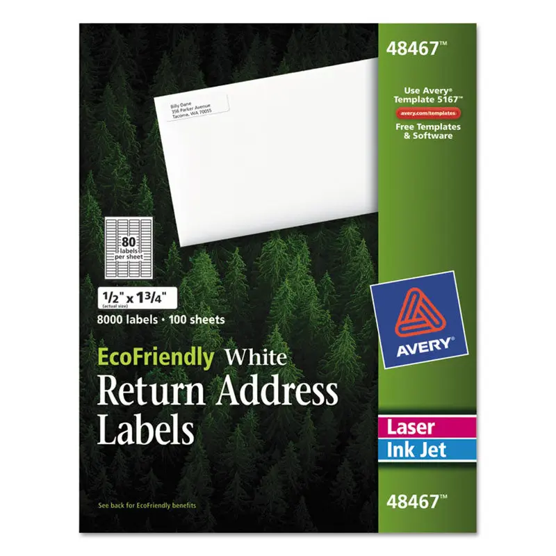 Avery EcoFriendly Mailing Labels, Inkjet/Laser Printers, 0.5 x 1.75, White, 80/Sheet, 100 Sheets/Pack (AVE48467) Box of 8000