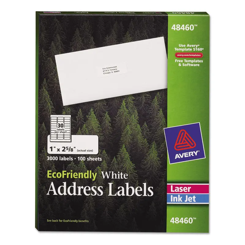 Avery EcoFriendly Mailing Labels, Inkjet/Laser Printers, 1 x 2.63, White, 30/Sheet, 100 Sheets/Pack (AVE48460) Box of 3000