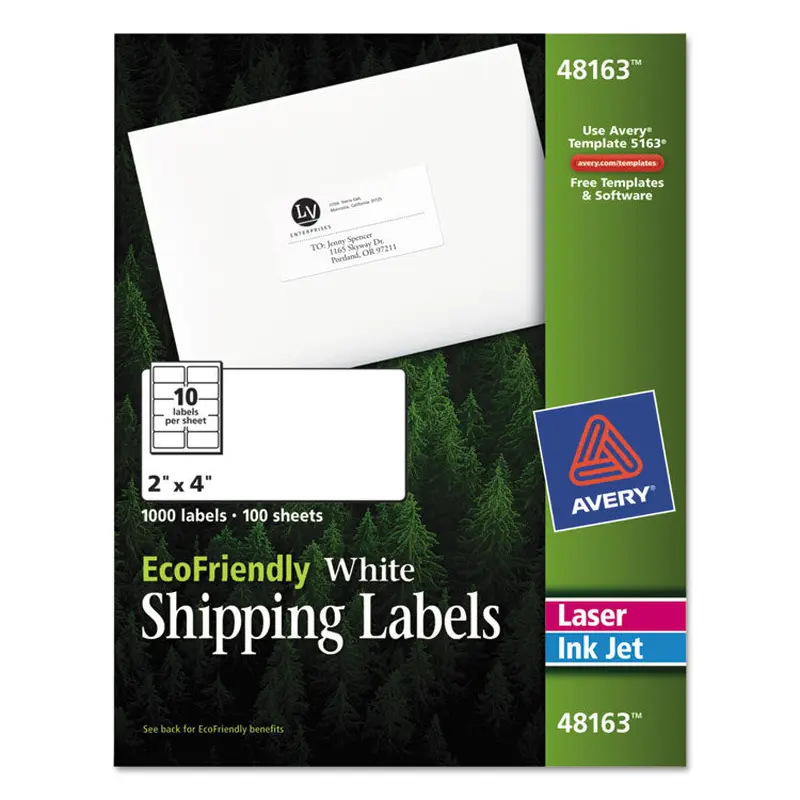 Avery EcoFriendly Mailing Labels, Inkjet/Laser Printers, 2 x 4, White, 10/Sheet, 100 Sheets/Pack (AVE48163) Box of 1000