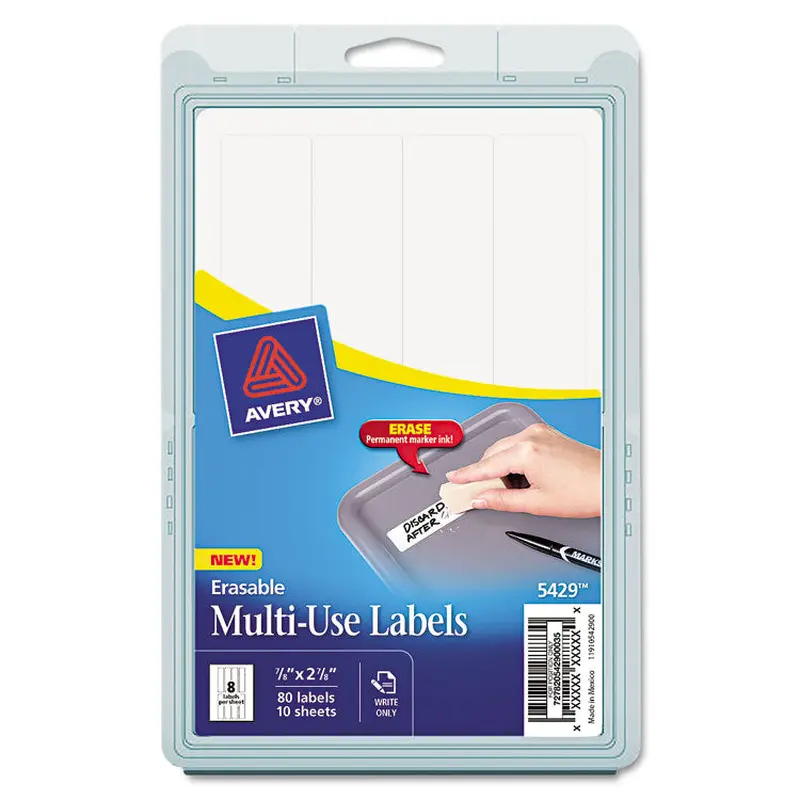 Avery Erasable ID Labels, Inkjet/Laser Printers, 0.88 x 2.88, White, 8/Sheet, 10 Sheets/Pack (AVE5429)