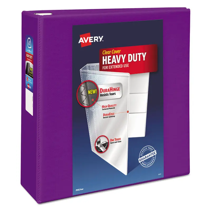 Avery Heavy-Duty View Binder with DuraHinge and Locking One Touch EZD Rings, 3 Rings, 4" Capacity, 11 x 8.5, Purple (AVE79813) Each