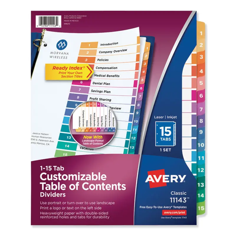Avery Customizable TOC Ready Index Multicolor Tab Dividers, 15-Tab, 1 to 15, 11 x 8.5, White, Traditional Color Tabs, 1 Set (AVE11143) Set of 15