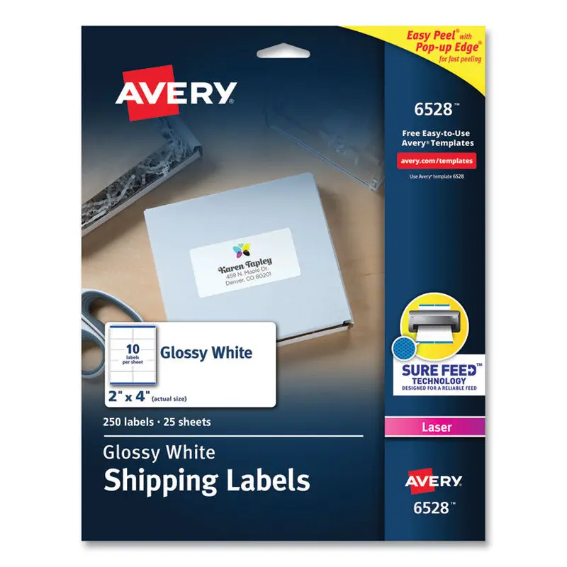 Avery Glossy White Easy Peel Mailing Labels w/ Sure Feed Technology, Laser Printers, 2 x 4, White, 10/Sheet, 25 Sheets/Pack (AVE6528) Pack of 250