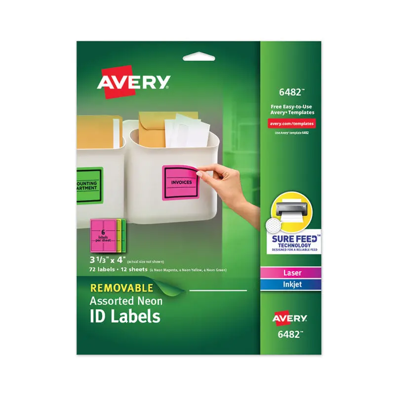 Avery High-Vis Removable Laser/Inkjet ID Labels w/ Sure Feed, 3.33 x 4, Neon, 72/PK (AVE6482) Pack of 72