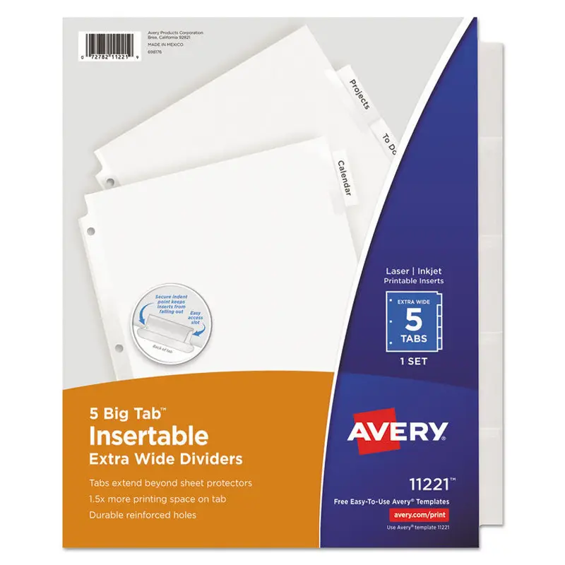 Avery Insertable Big Tab Dividers, 5-Tab, Single-Sided Copper Edge Reinforcing, 11.13 x 9.25, White, Clear Tabs, 1 Set (AVE11221) Set of 5