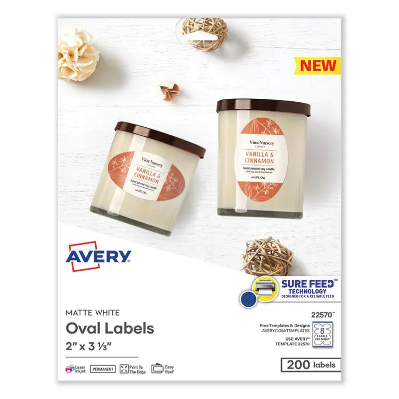 Avery Laser/Inkjet Media Labels, Inkjet/Laser Printers, 2 x 3.3, White, 8 Labels/Sheet, 25 Sheets/Pack (AVE22570) Pack of 200