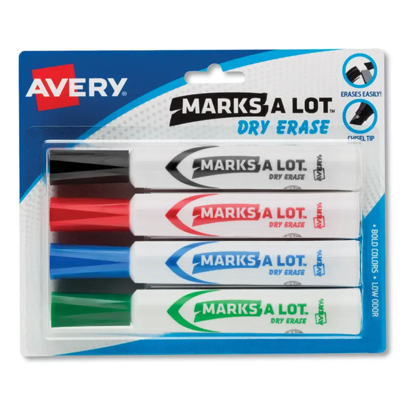 Avery MARKS A LOT Desk-Style Dry Erase Marker, Broad Chisel Tip, Assorted Colors, 4/Set (24409) (AVE24409) Set of 4