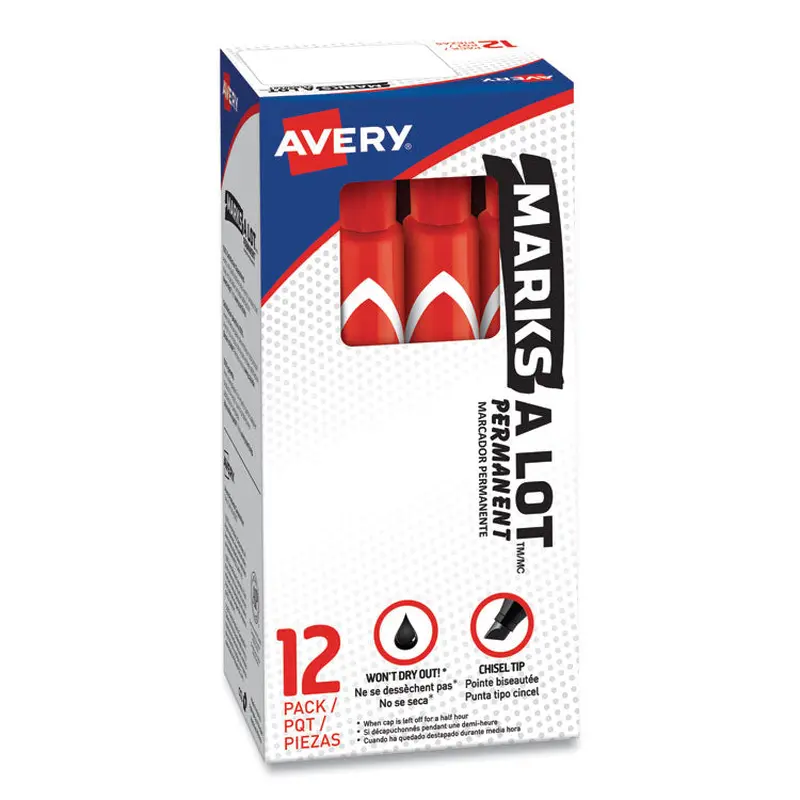 Avery MARKS A LOT Large Desk-Style Permanent Marker, Broad Chisel Tip, Red, Dozen (8887) (AVE08887) Case of 12
