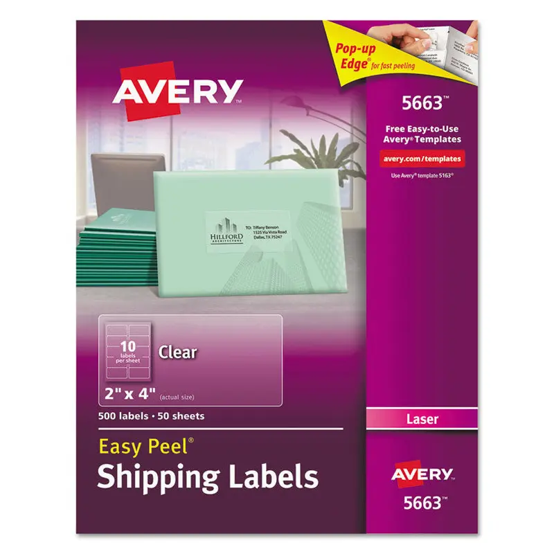 Avery Matte Clear Easy Peel Mailing Labels w/ Sure Feed Technology, Laser Printers, 2 x 4, Clear, 10/Sheet, 50 Sheets/Box (AVE5663) Box of 500