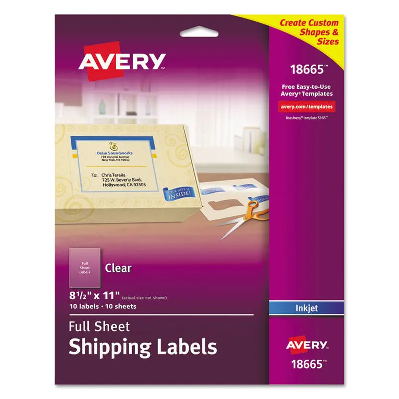 Avery Matte Clear Shipping Labels, Inkjet Printers, 8.5 x 11, Clear, 10/Pack (AVE18665) Pack of 10