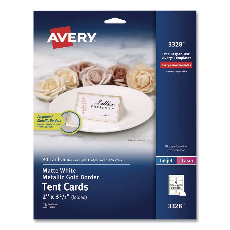Avery Matte White Metallic Gold Border Tent Cards, 3.5 x 2, 4 Cards/Sheet, 20 Sheets/Pack (AVE3328) Pack of 80