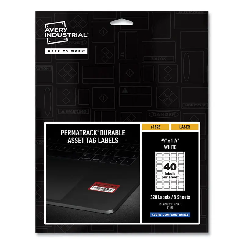 Avery PermaTrack Durable White Asset Tag Labels, Laser Printers, 0.75 x 1.5, White, 40/Sheet, 8 Sheets/Pack (AVE61525) Pack of 320