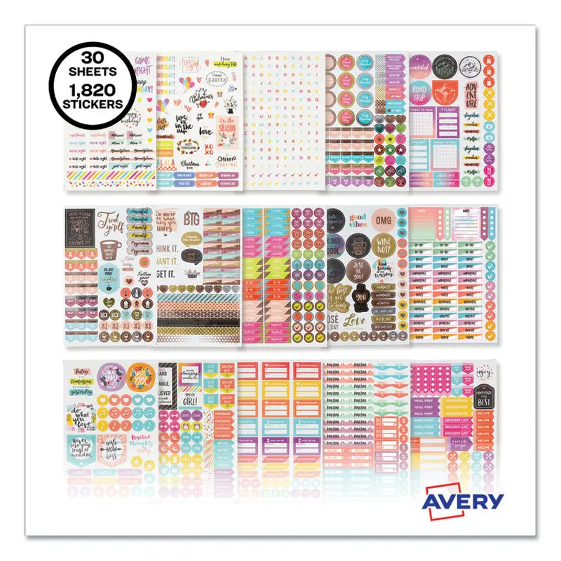 Avery Planner Sticker Variety Pack for Moms, Budget, Family, Fitness, Holiday, Work, Assorted Colors, 1,820/Pack (AVE6780) Pack of 1820