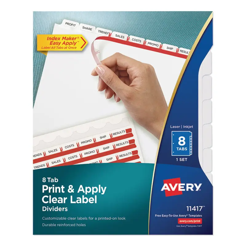 Avery Print and Apply Index Maker Clear Label Dividers, 8-Tab, 11 x 8.5, White, 1 Set (AVE11417) Set of 8