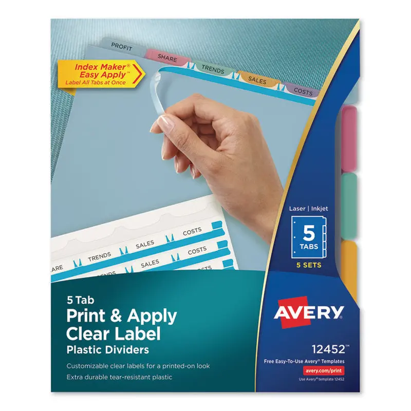 Avery Print and Apply Index Maker Clear Label Plastic Dividers with Printable Label Strip, 5-Tab, 11 x 8.5, Assorted Tabs, 5 Sets (AVE12452) 5 Sets of 5