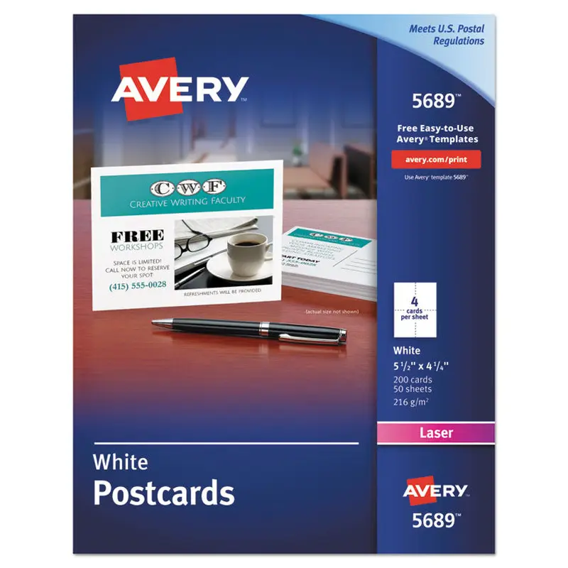 Avery Printable Postcards, Laser, 80 lb, 4.25 x 5.5, Uncoated White, 200 Cards, 4 Cards/Sheet, 50 Sheets/Box (AVE5689) Each
