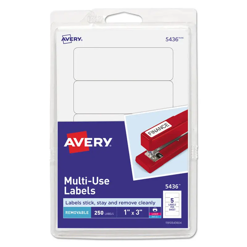 Avery Removable Multi-Use Labels, Inkjet/Laser Printers, 1 x 3, White, 5/Sheet, 50 Sheets/Pack, (5436) (AVE05436) Pack of 250