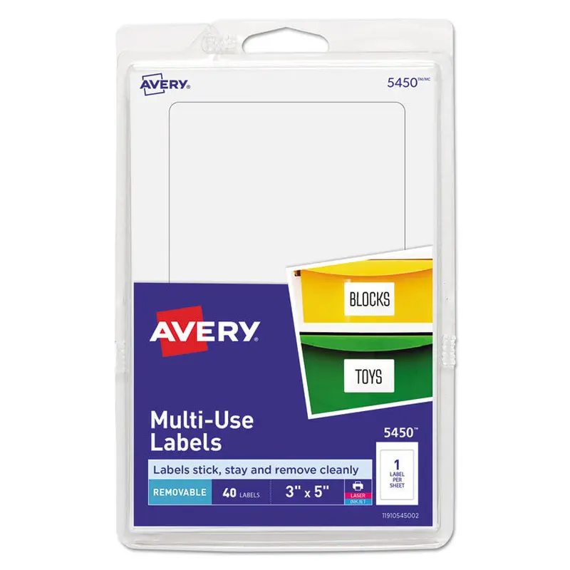 Avery Removable Multi-Use Labels, Inkjet/Laser Printers, 3 x 5, White, 40/Pack, (5450) (AVE05450) Pack of 40