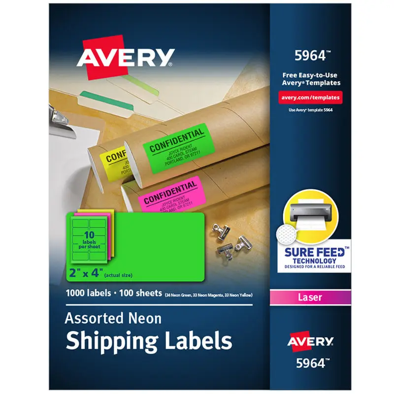Avery High-Visibility Permanent Laser ID Labels, 2 x 4, Neon Assorted, 1000/Box (AVE5964) Box of 1000