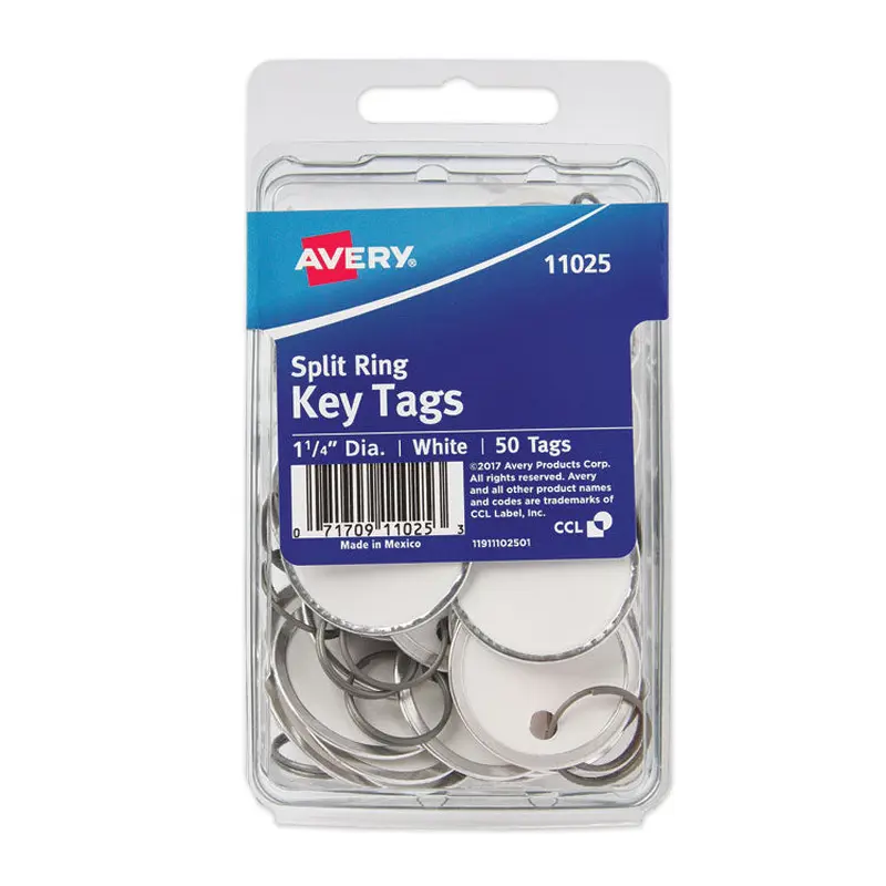 Avery Key Tags with Split Ring, 1.25" dia, White, 50/Pack (AVE11025) Pack of 50