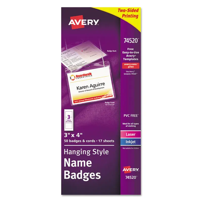 Avery Necklace-Style Badge Holder w/Laser/Inkjet Insert, Top Load, 4 x 3, WE, 50/Box (AVE74520) Pack of 101