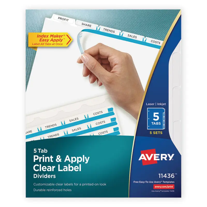 Avery Print and Apply Index Maker Clear Label Dividers, 5-Tab, White Tabs, 11 x 8.5, White, 5 Sets (AVE11436) Pack of 5