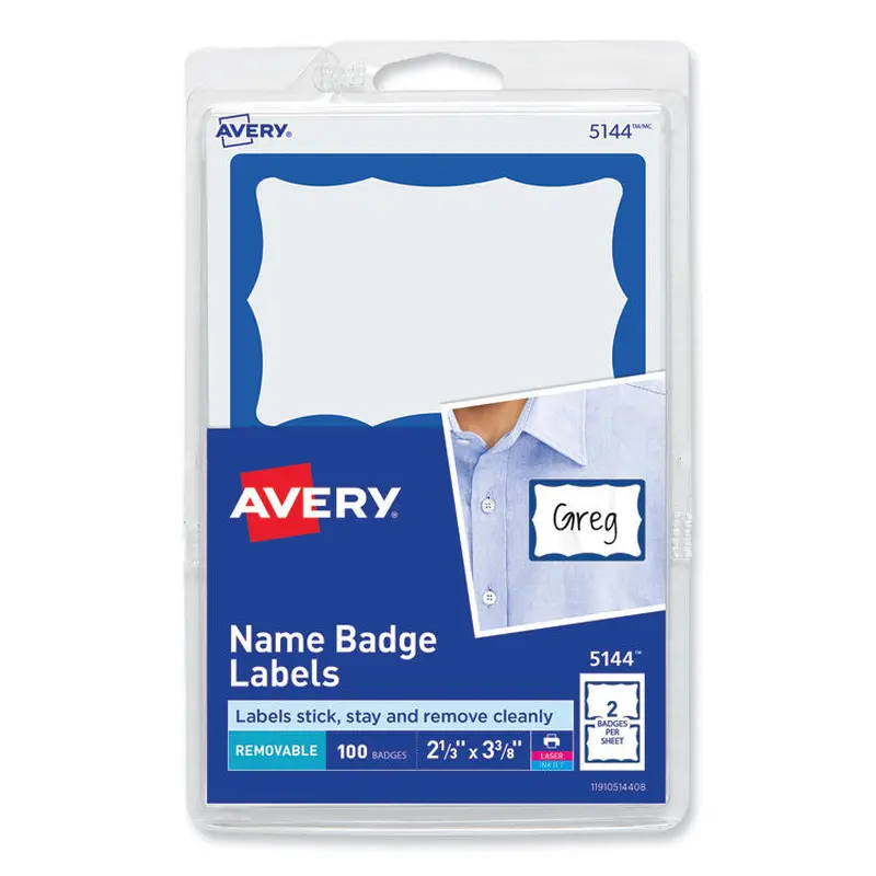 Avery Printable Adhesive Name Badges, 3.38 x 2.33, Blue Border, 100/Pack (AVE5144) Pack of 100