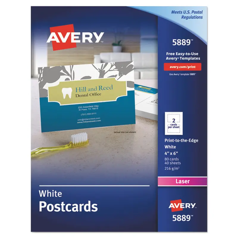 Avery Printable Postcards, Laser, 80 lb, 4 x 6, Uncoated White, 80 Cards, 2 Cards/Sheet, 40 Sheets/Box (AVE5889) Each