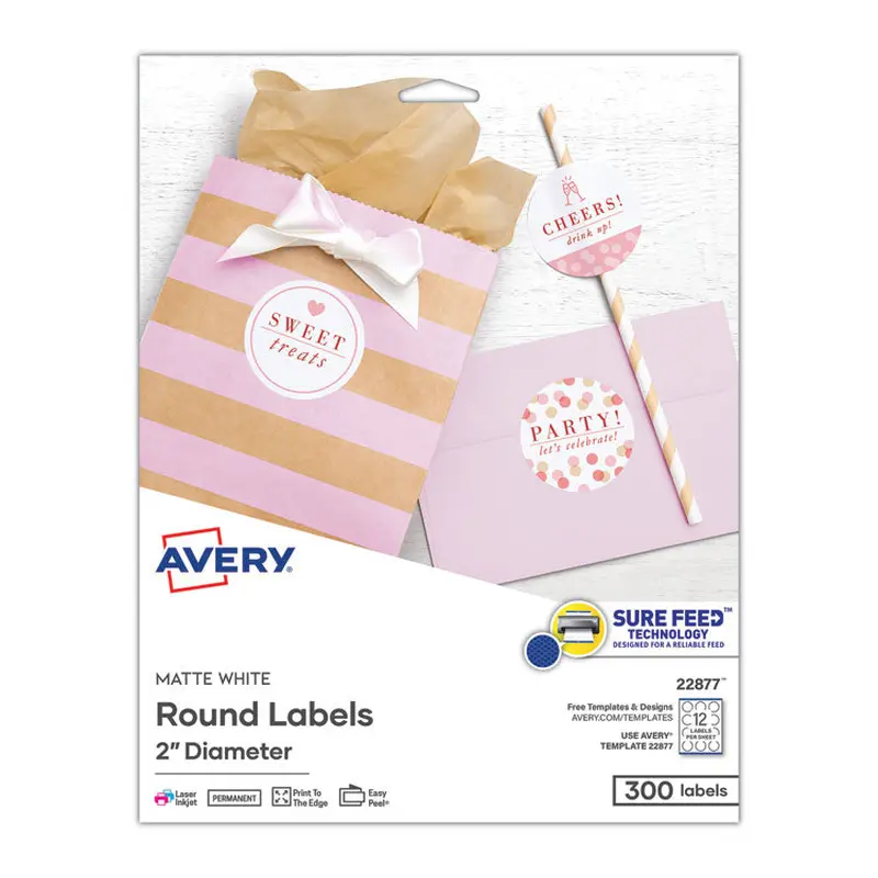 Avery Round Print-to-the Edge Labels with SureFeed and EasyPeel, 2" dia, Matte White, 300/Pack (AVE22877) Pack of 300