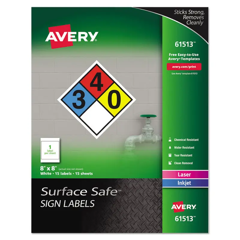 Avery Surface Safe Removable Label Safety Signs, Inkjet/Laser Printers, 8 x 8, White, 15/Pack (AVE61513) Pack of 15