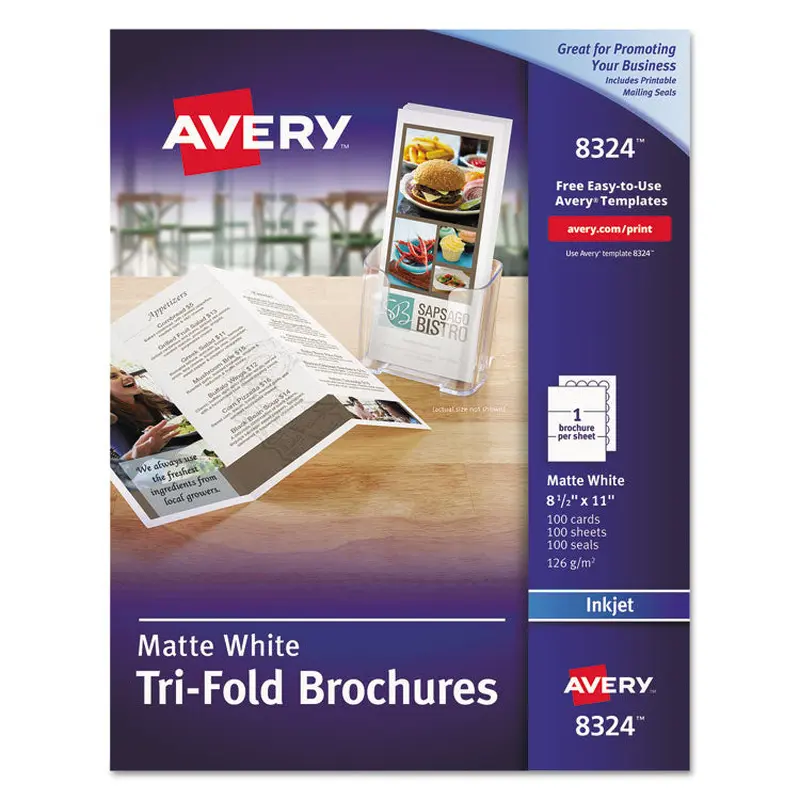 Avery Tri-Fold Brochures, 92 Bright, 85 lb Text Weight, 8.5 x 11, Matte White, 100/Pack (AVE8324) Each