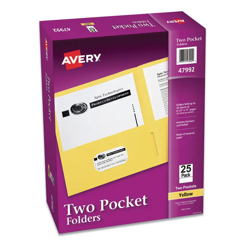 Avery Two-Pocket Folder, 40-Sheet Capacity, 11 x 8.5, Yellow, 25/Box (AVE47992) 1 Pack of 25