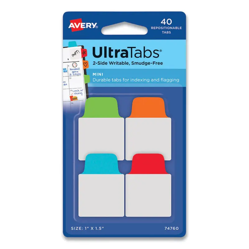 Avery Ultra Tabs Repositionable Tabs, Mini Tabs: 1" x 1.5", 1/5-Cut, Assorted Colors, 40/Pack (AVE74760) Pack of 40