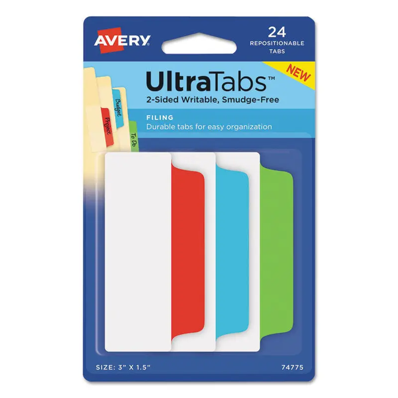 Avery Ultra Tabs Repositionable Tabs, Wide and Slim: 3" x 1.5", 1/3-Cut, Assorted Colors, 24/Pack (AVE74775) Pack of 24
